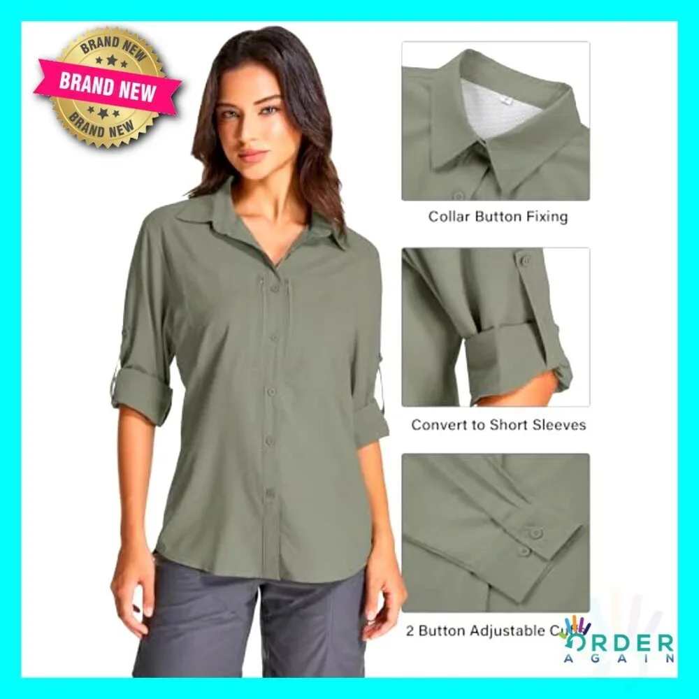 Long Sleeve Button Down Shirt UPF 50 Quick Dry Lightweight Safari Hiking Travel